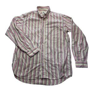 LACOSTE Men's Size 40 Striped Pink Grey Button Down  (Medium)